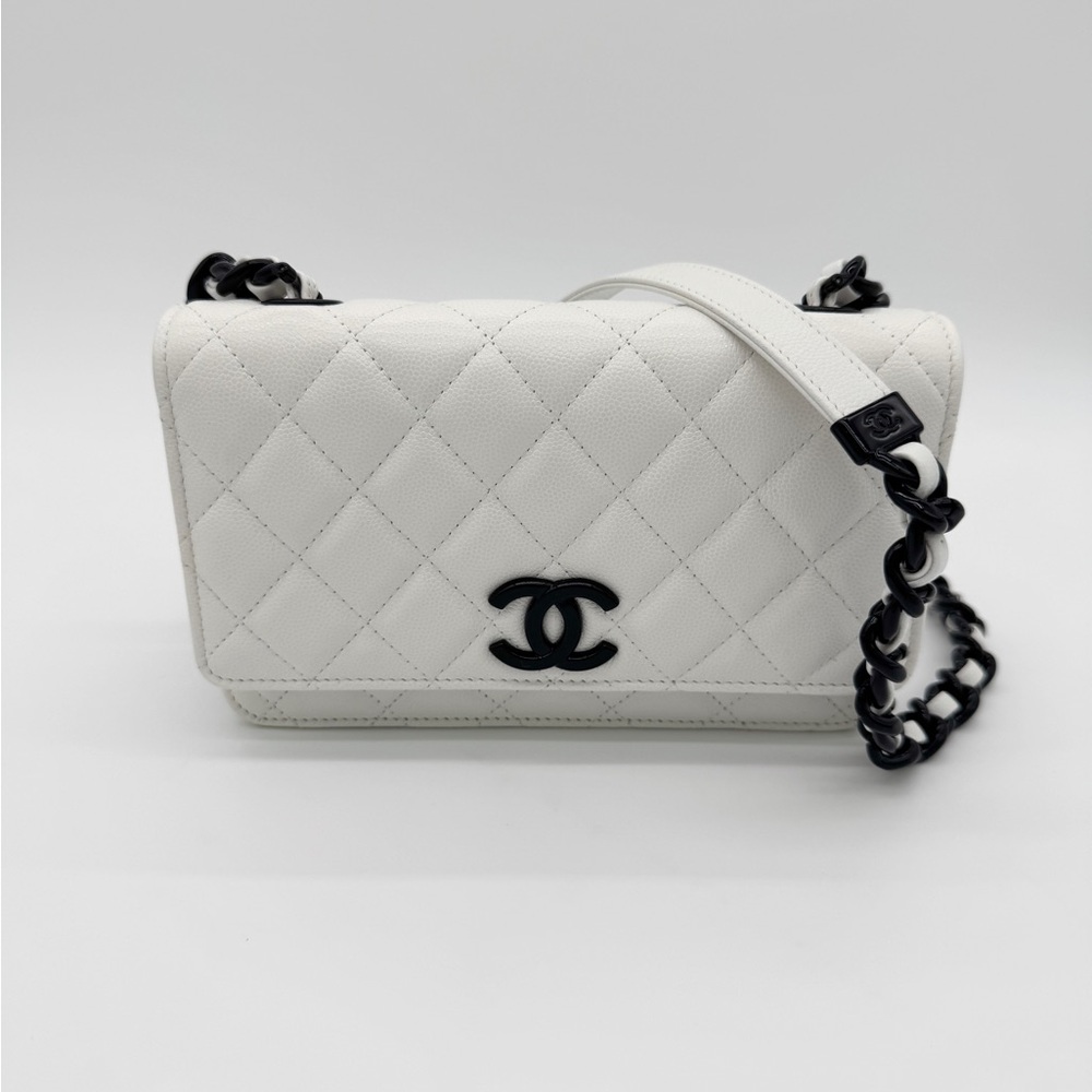Chanel My Everything Quilted Caviar Black and White Wallet on Chain